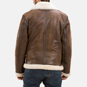 Distressed Brown Sheepskin Leather Aviator Jacket - Vista trasera con ajuste entallado en hombros y bajo impecable