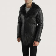 Black Sheepskin Leather Aviator Jacket - Vista trasera con ajuste entallado en hombros y bajo impecable