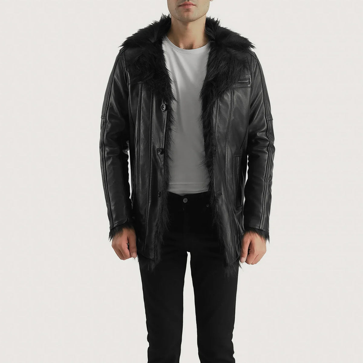 Men's Furcliff Negro Abrigo de Cuero para Hombre - Vista de perfil lateral con corte ergonómico de manga