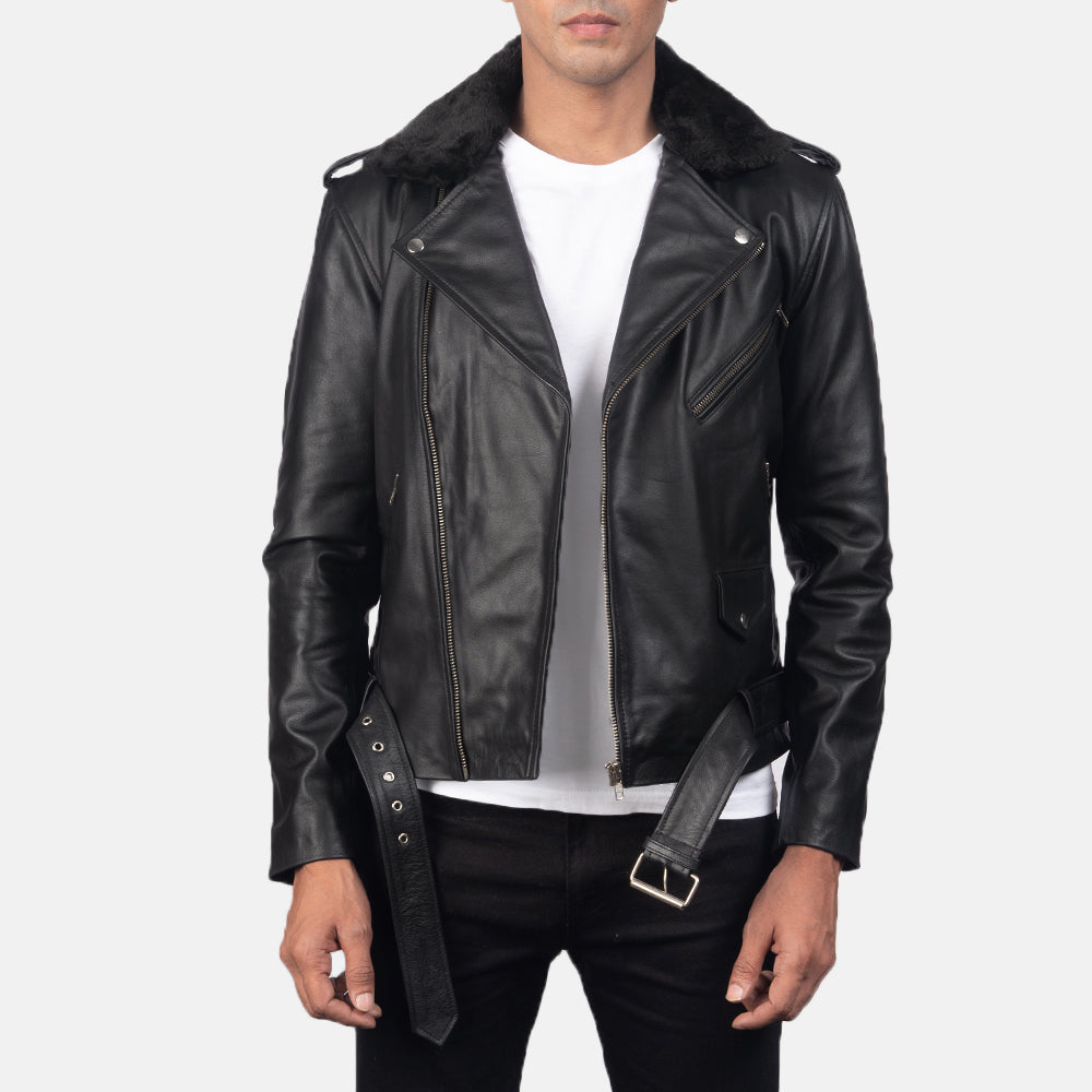 Men's Furton Black Leather Biker Jacket in Black Cowhide Leather - Vista frontal y silueta a medida | Comprar online
