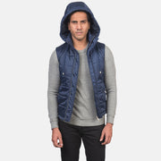 
Vista de detalle of Band with Removable Hood & Zipper with dual puller and wind flap Hardware on Fuston Azul Chaleco acolchado con capucha para Hombre