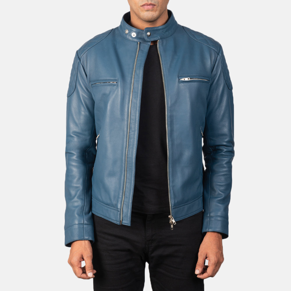 Men's Gatsby Quilted Blue Leather Biker Jacket in Blue Sheepskin Leather - Vista frontal y silueta a medida | Comprar online
