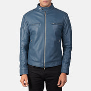 Detalle de cerca of Band with snap buttons &amp; Zipper Hardware on Men's Gatsby Quilted Blue Leather Biker Jacket