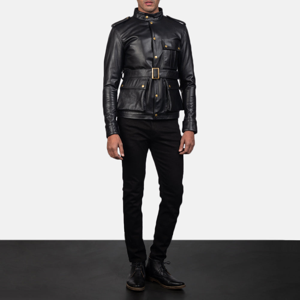 Detalle de cerca of Band with snap button &amp; Snap Button Hardware on Germain Negro Chaqueta de Cuero para Hombre
