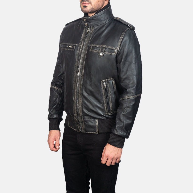 Glen Street Negro Chaqueta Bomber de Cuero para Hombre