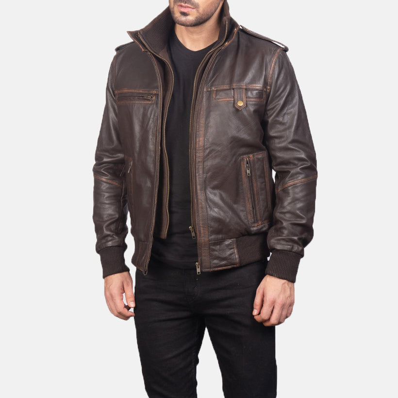 Glen Street Marrón Cazadora Bomber de Cuero para Hombre