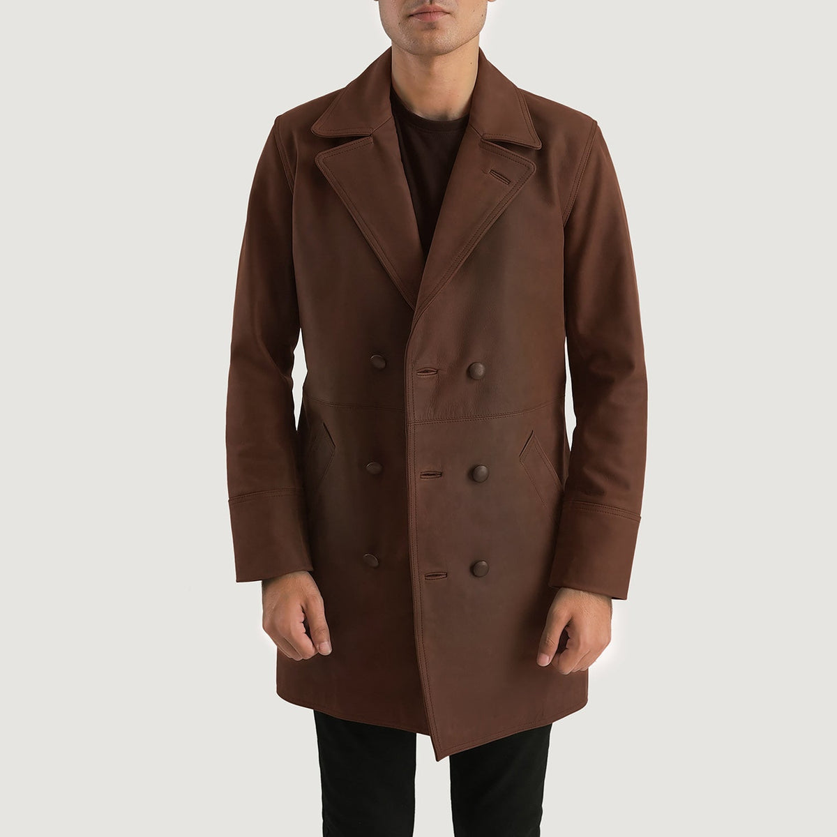 Men's Half Life Marrón Abrigo de Cuero para Hombre - Vista de perfil lateral con corte ergonómico de manga