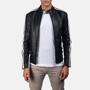 
Hank Negro Chaqueta Biker de Cuero para Hombre in Black & White Cowhide Leather - Vista frontal y silueta entallada | Comprar online