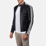 
Black & White Cowhide Leather Biker Jacket - Vista posterior con hombros definidos y bajo impecable