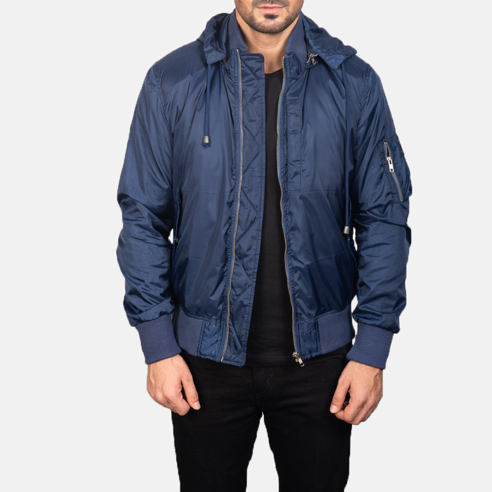 Men's Blue Hooded Bomber Jacket in Blue Nylon - Vista frontal y silueta a medida | Comprar online