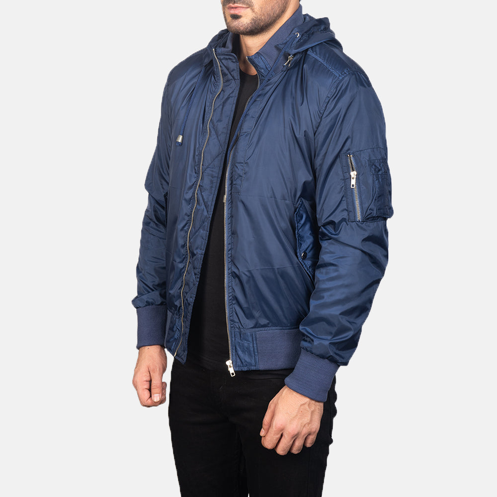 Blue Nylon Bomber Jacket - Vista trasera con ajuste entallado en hombros y bajo impecable