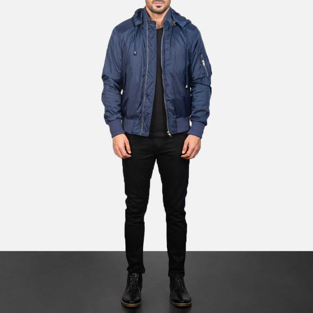 Men's Blue Hooded Bomber Jacket - Vista de perfil lateral con corte ergonómico de manga