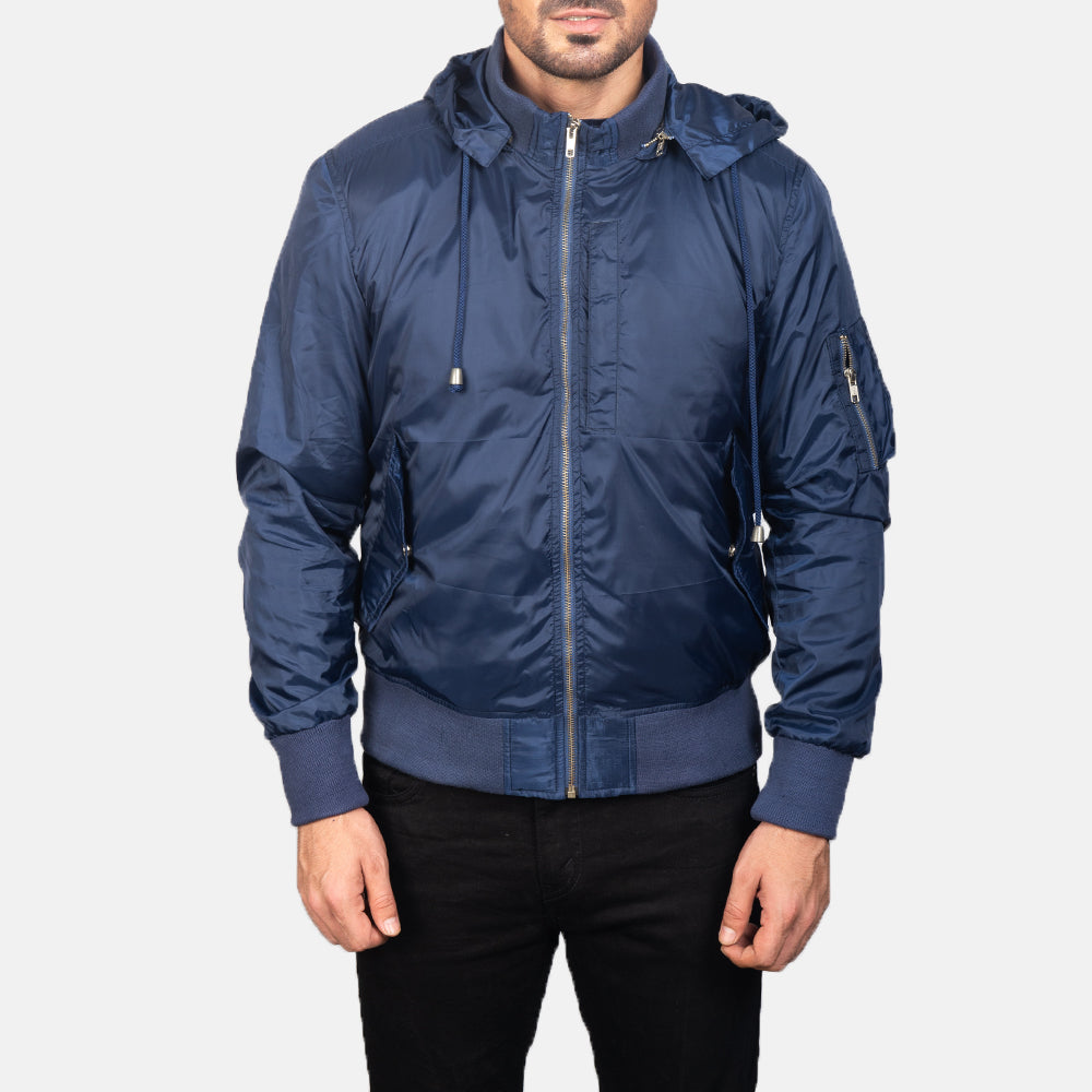 Detalle de cerca of Knit Rib with Removable Nylon Hood &amp; Zipper Hardware on Men's Blue Hooded Bomber Jacket