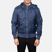 Detalle de cerca of Knit Rib with Removable Nylon Hood &amp; Zipper Hardware on Men's Blue Hooded Bomber Jacket