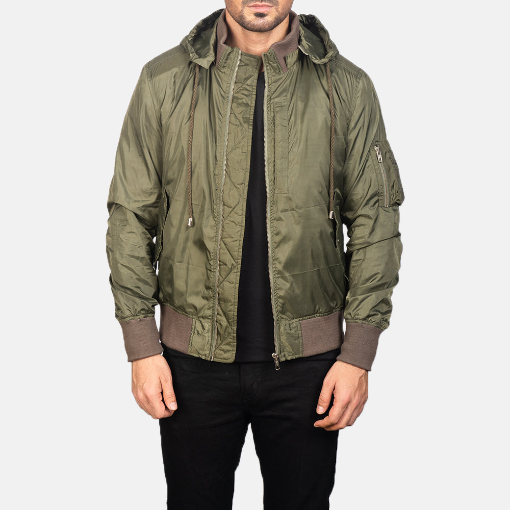 Men's Hanklin Ma-1 Green Hooded Bomber Jacket in Green Nylon - Vista frontal y silueta a medida | Comprar online