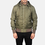 Detalle de cerca of Knit Rib with Removable Nylon Hood &amp; Zipper Hardware on Men's Hanklin Ma-1 Green Hooded Bomber Jacket