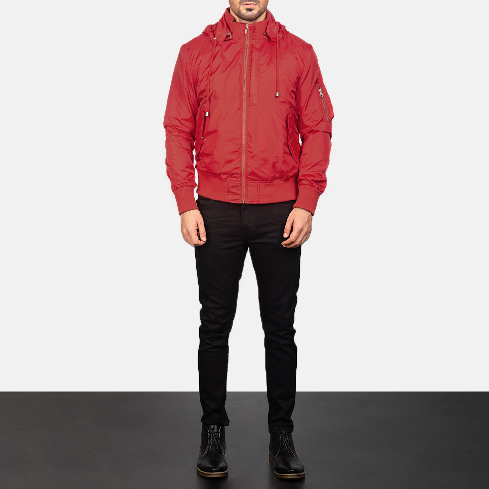 Hanklin Ma-1 Red Hooded Bomber Jacket - Vista de perfil mostrando el corte ergonómico de manga