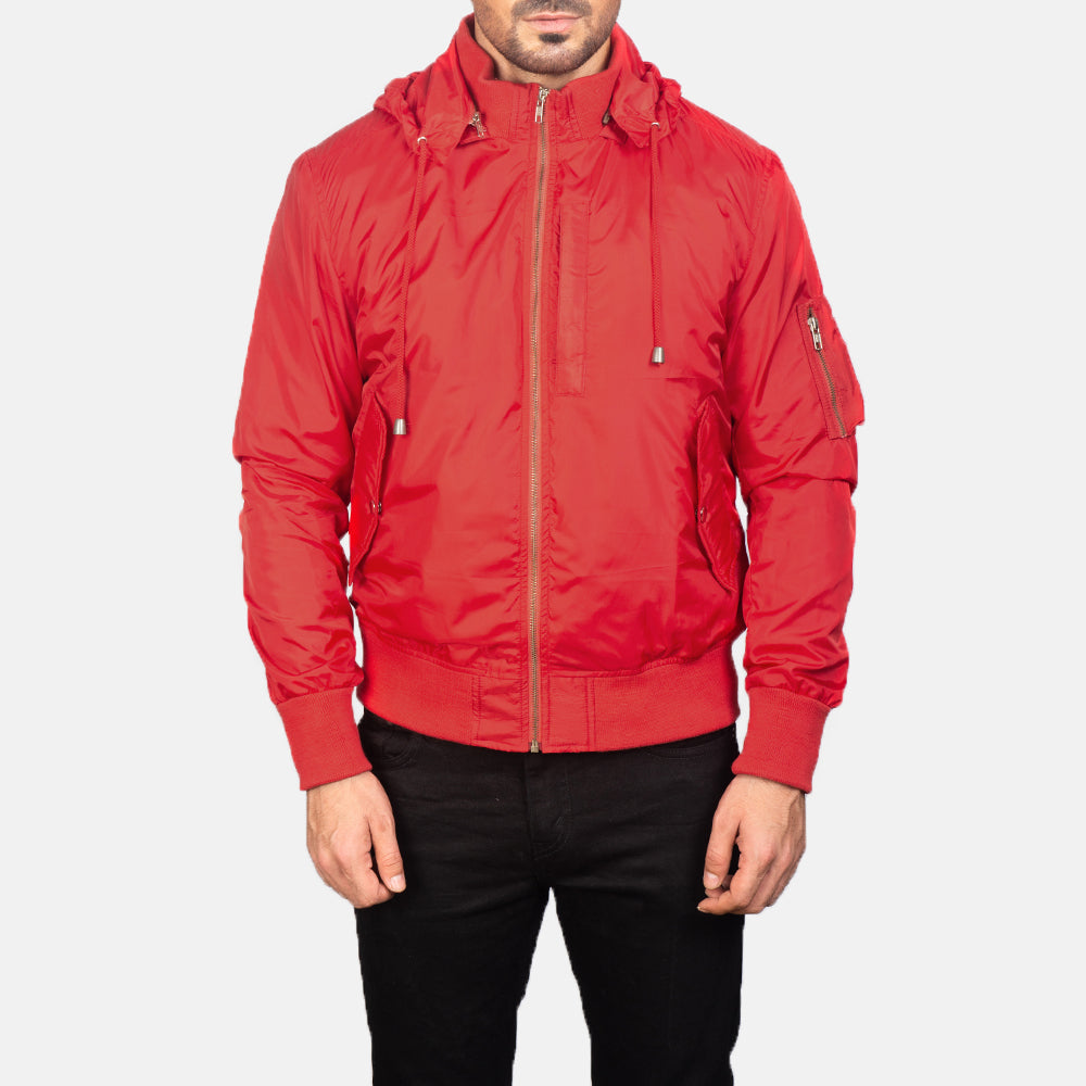 Detalle de cerca of Knit Rib with Removable Nylon Hood &amp; Zipper Hardware on Hanklin Ma-1 Red Hooded Bomber Jacket