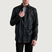 Haven Black Leather Shirt in Black Sheepskin Leather - Vista frontal y silueta a medida | Comprar online