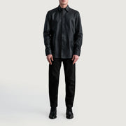 Detalle de cerca of Shirt &amp; Leather Buttons Hardware on Haven Black Leather Shirt