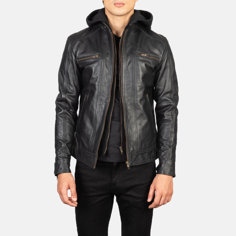 Hector Negro Hooded Chaqueta Biker de Cuero para Hombre