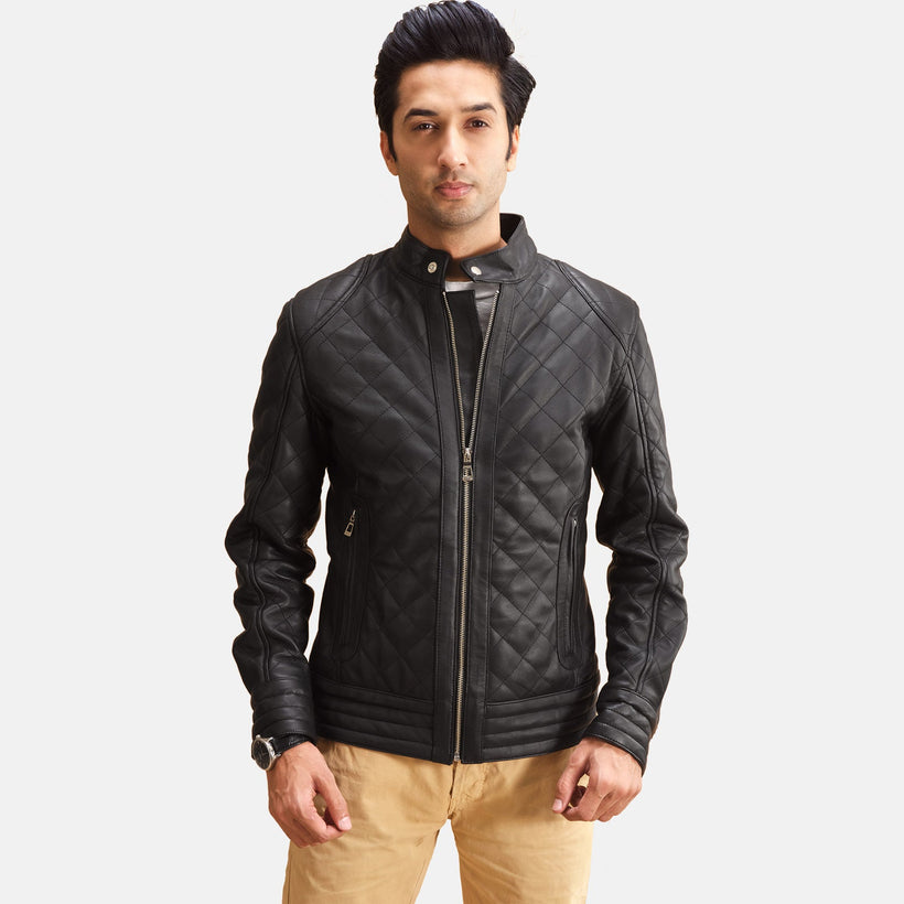Henry Acolchado Negro Chaqueta de Cuero para Hombre
