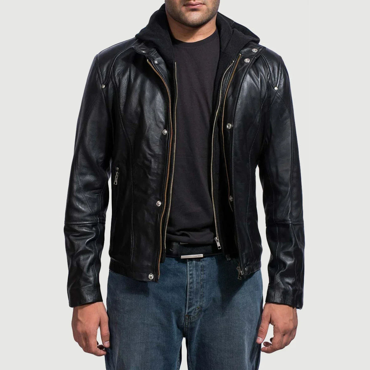 Men's Highschool Black Leather Jacket in Black Cowhide Leather - Vista frontal y silueta a medida | Comprar online