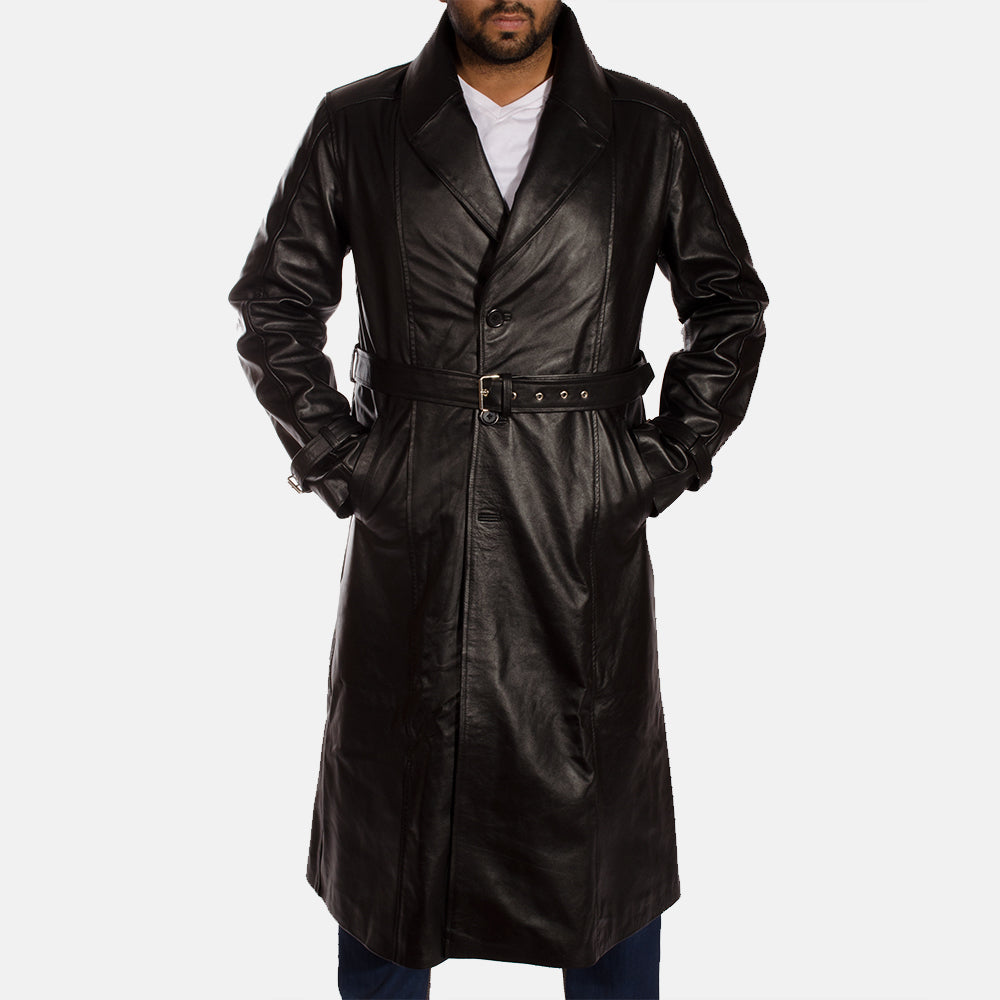 
Hooligan Negro Gabardina Trench de Cuero para Hombre in Black Cowhide Leather - Vista frontal y silueta entallada | Comprar online