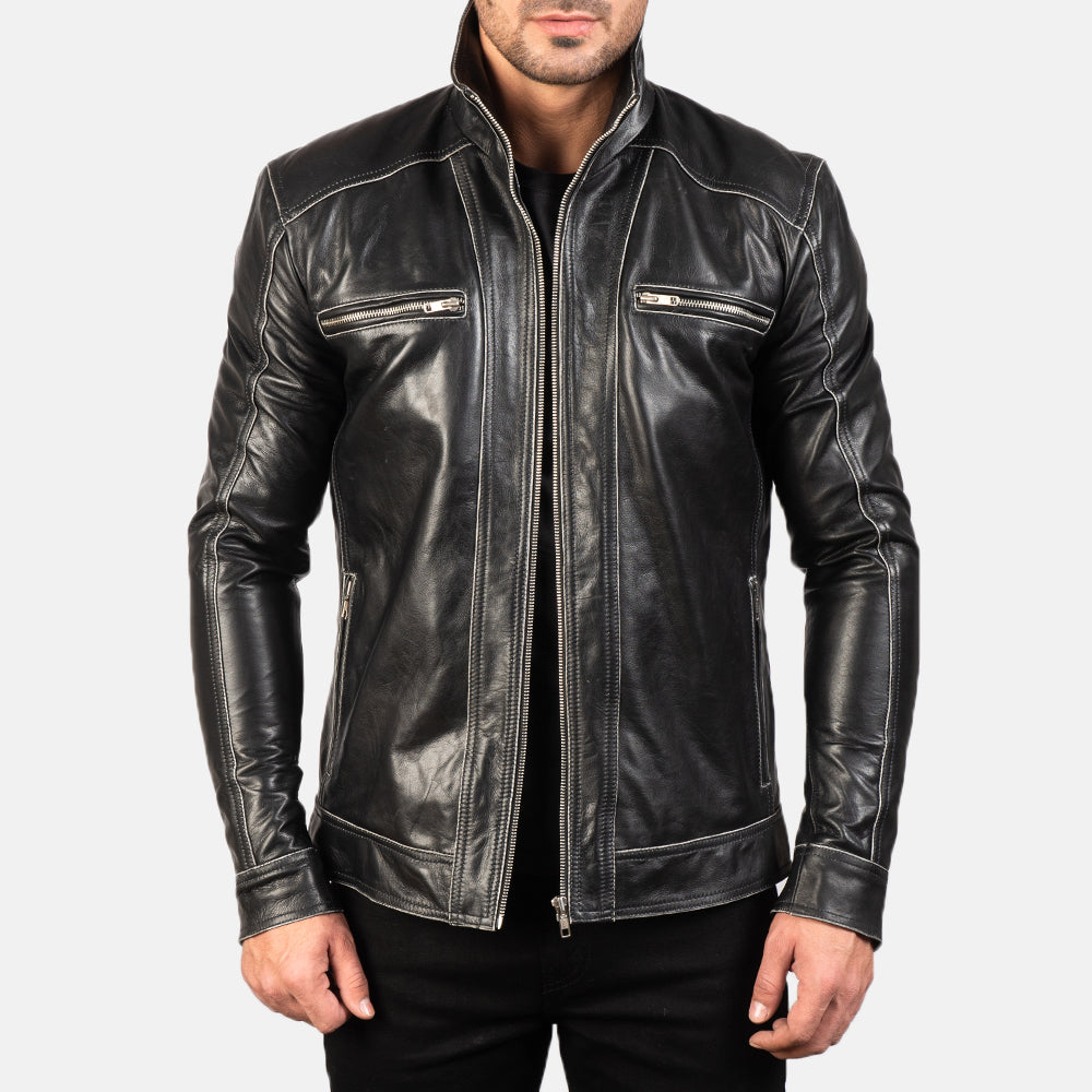 Hudson Black Leather Biker Jacket in Black Cowhide Leather - Vista frontal y silueta a medida | Comprar online