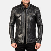 Hudson Black Leather Biker Jacket in Black Cowhide Leather - Vista frontal y silueta a medida | Comprar online
