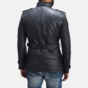 Detalle de cerca of Band with buckle closure &amp; Zipper with button flap and waist belt Hardware on Hunter Negro Chaqueta de Cuero para Hombre