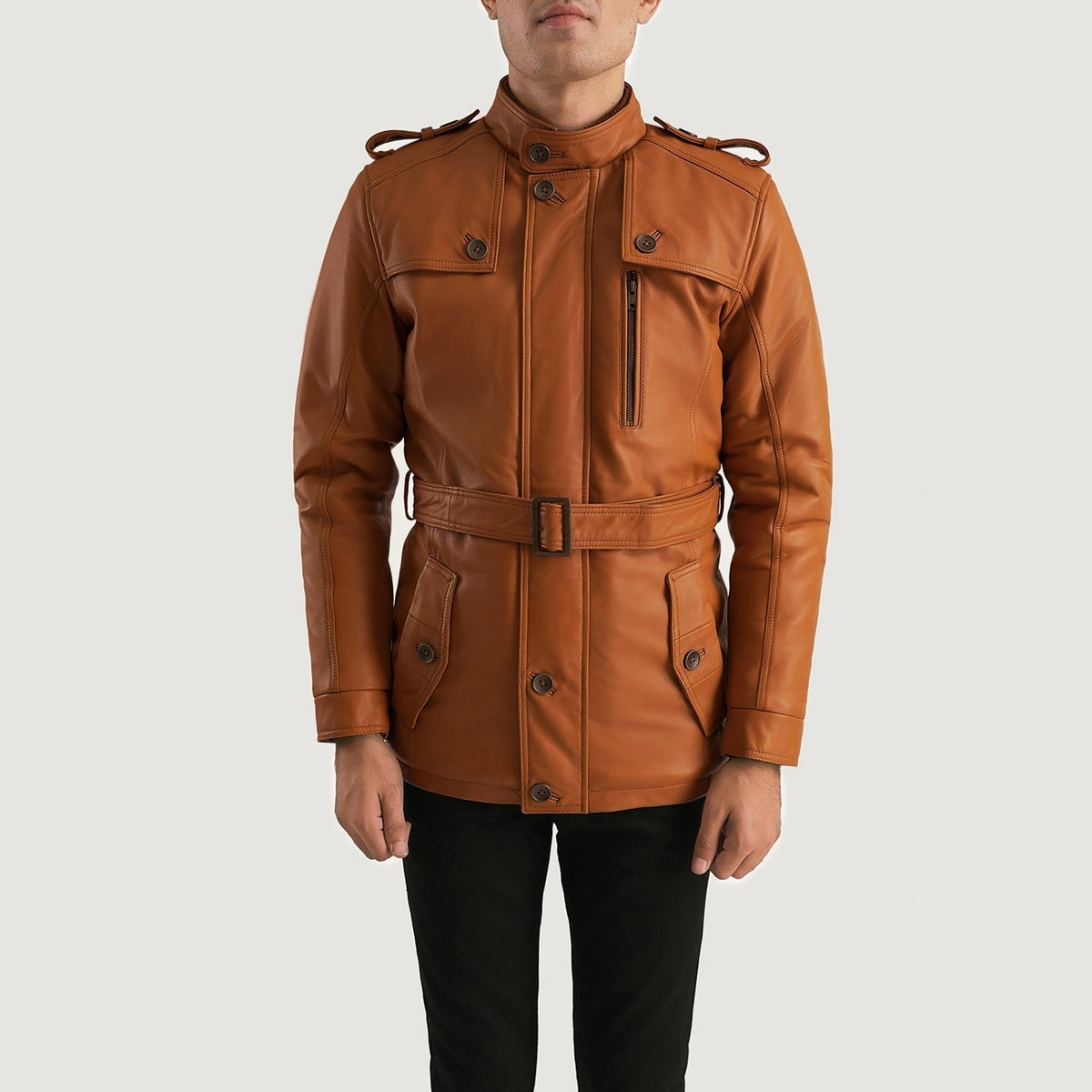 
Vista de detalle of Band (Buttoned) & Zipper with Button Flap Hardware on Hunter Tostado Marrón Fur Chaqueta de Cuero para Hombre