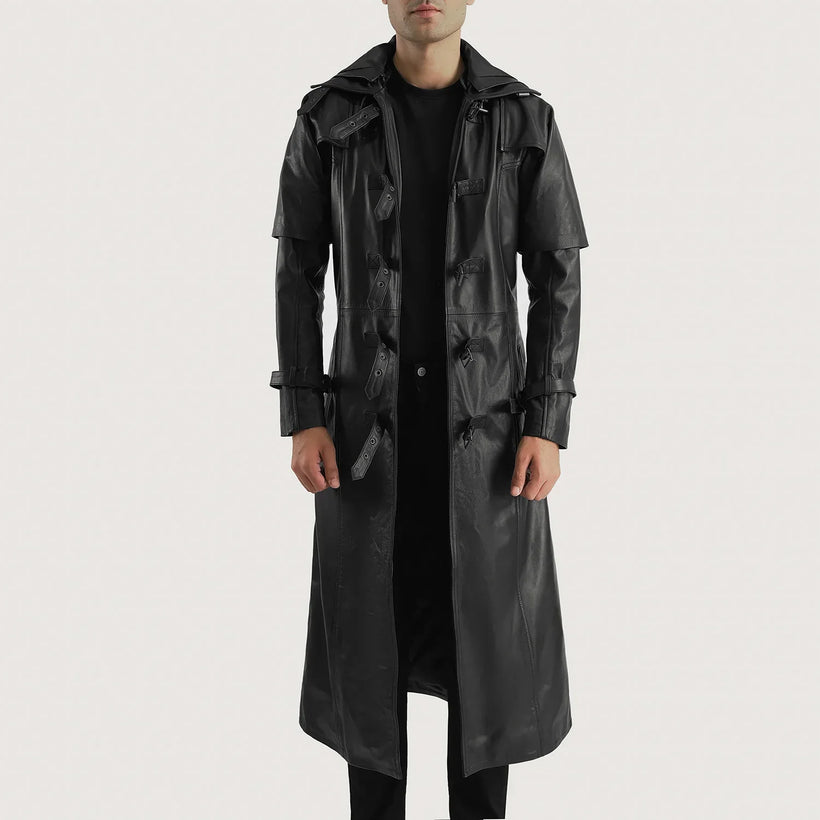Huntsman Negro Hooded Gabardina Trench de Cuero para Hombre