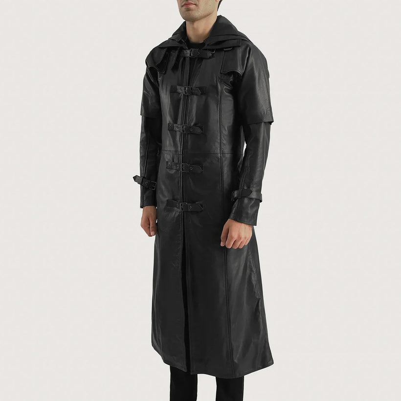 Huntsman Negro Hooded Gabardina Trench de Cuero para Hombre