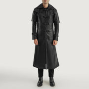 
Huntsman Negro Hooded Gabardina Trench de Cuero para Hombre - Vista lateral mostrando el corte ergonómico de mangas