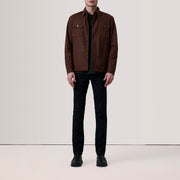 
Brown Waxed Cotton Canvas Leather Jacket - Vista posterior con hombros definidos y bajo impecable