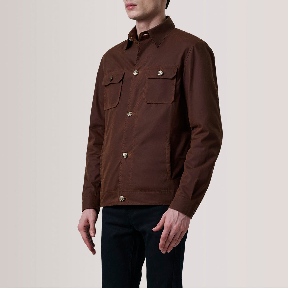 Irwin Brown Waxed Canvas Field Jacket For Men - Lateral Side Profile View Showing Sleeve Cut & Athletic Taper Fit