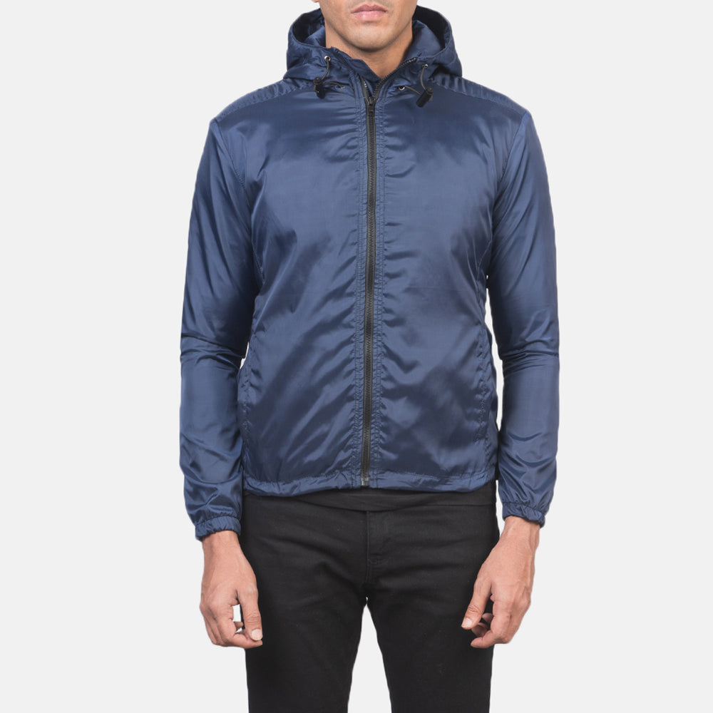 
Jimmy Azul Hooded Windbreaker Chaqueta de Cuero para Hombre in Blue Nylon - Vista frontal y silueta entallada | Comprar online
