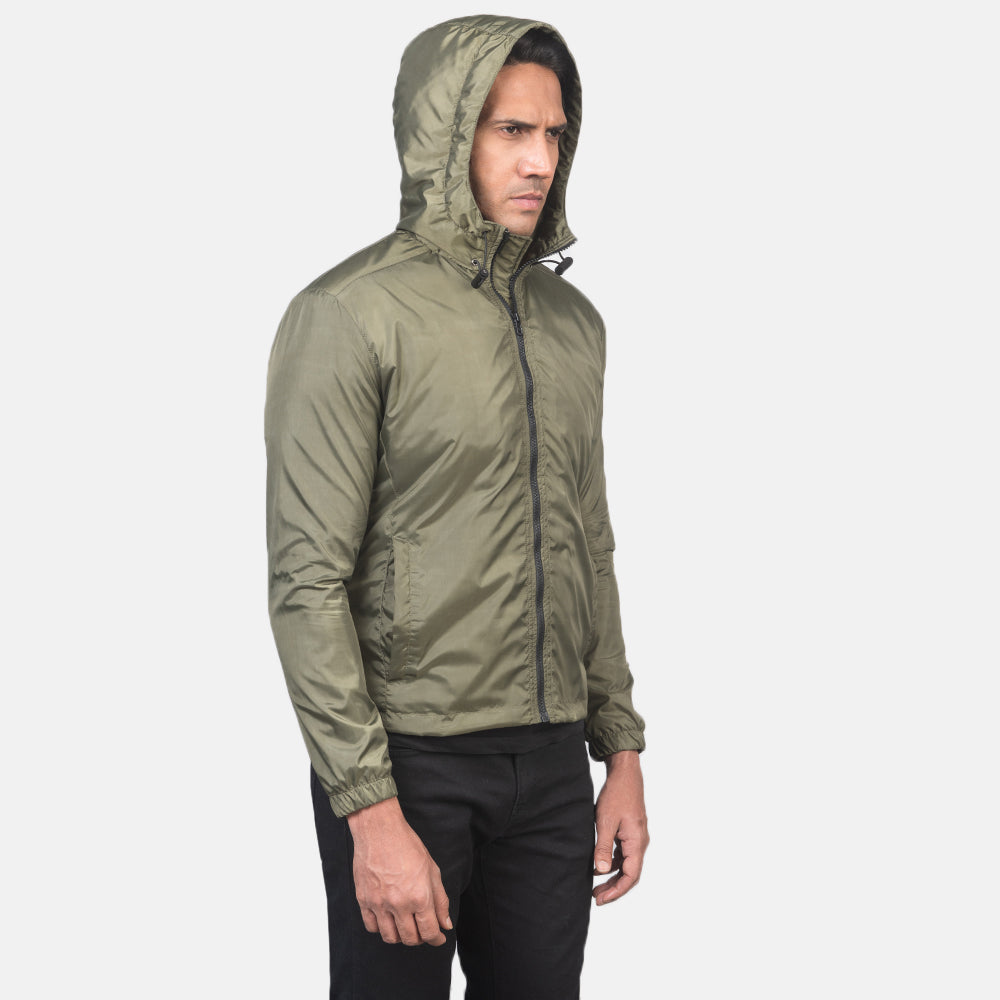 Green Nylon Hooded Jacket - Back View Showing Tailored Shoulder Fit & Clean Hemline