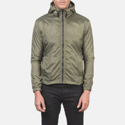 
Vista de detalle of High Neck with Hood & Zipper with wind flap Hardware on Jimmy Verde Hooded Windbreaker Chaqueta de Cuero para Hombre