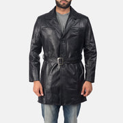 Men's Jordan Negro Abrigo de Cuero para Hombre in Black Cowhide Leather - Vista frontal y silueta a medida | Comprar online