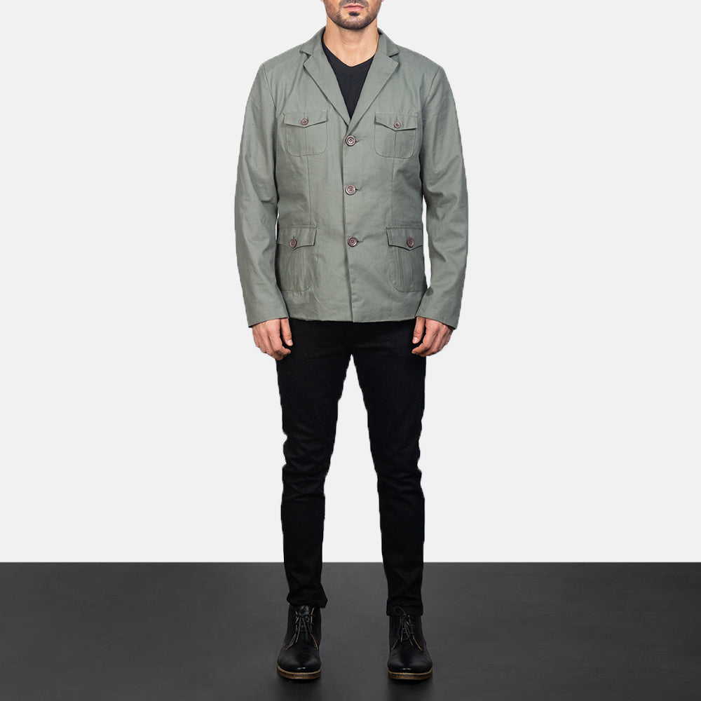 Kajetan Gris Safari Chaqueta de Cuero para Hombre - Vista de perfil lateral con corte ergonómico de manga