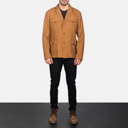 Kajetan Khaki Safari Chaqueta de Cuero para Hombre - Vista de perfil lateral con corte ergonómico de manga