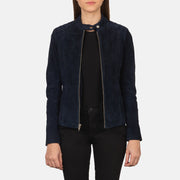 Women's Kelsee Navy Blue Suede Biker Jacket in Navy Blue Goatskin Suede - Vista frontal y silueta a medida | Comprar online