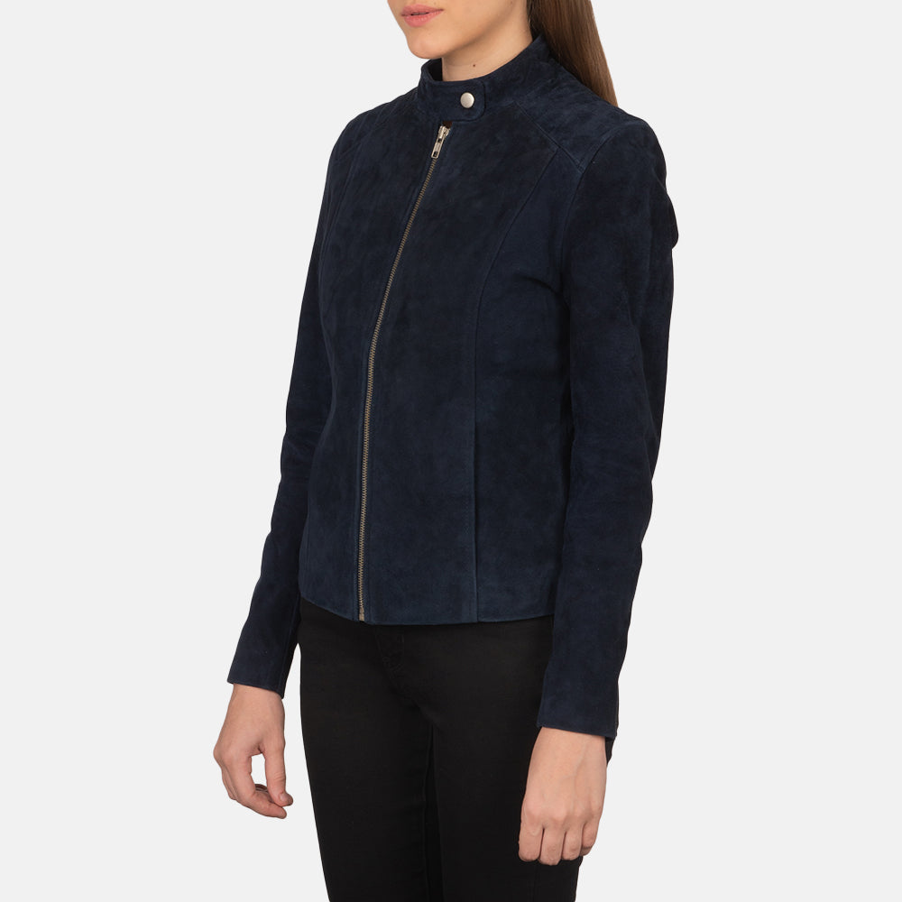 Navy Blue Goatskin Suede Biker Jacket - Vista trasera con ajuste entallado en hombros y bajo impecable
