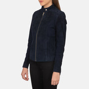 Navy Blue Goatskin Suede Biker Jacket - Vista trasera con ajuste entallado en hombros y bajo impecable