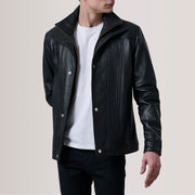 Klen Brown Classic Jacket For Men in Brown Sheepskin Leather - Vista frontal y silueta a medida | Comprar online