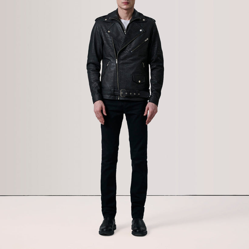 Kole Efecto Envejecido Negro Leather Double Rider Chaqueta de Cuero para Hombre
