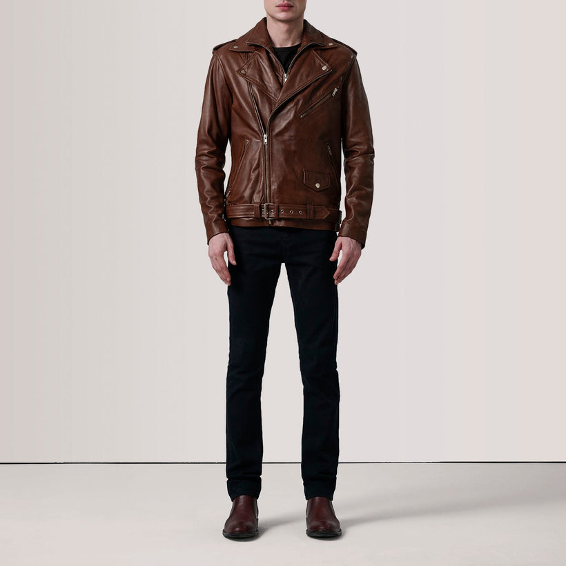 Kole Waxed Marrón Leather Double Rider Chaqueta de Cuero para Hombre