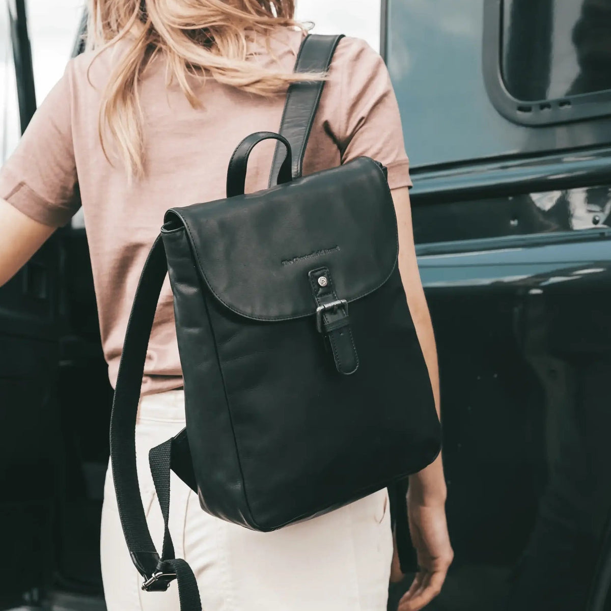 Classic 100% Full-Grain leather Backpack - Rear Perspective Showing Reinforced Leather Straps &amp; Stitching